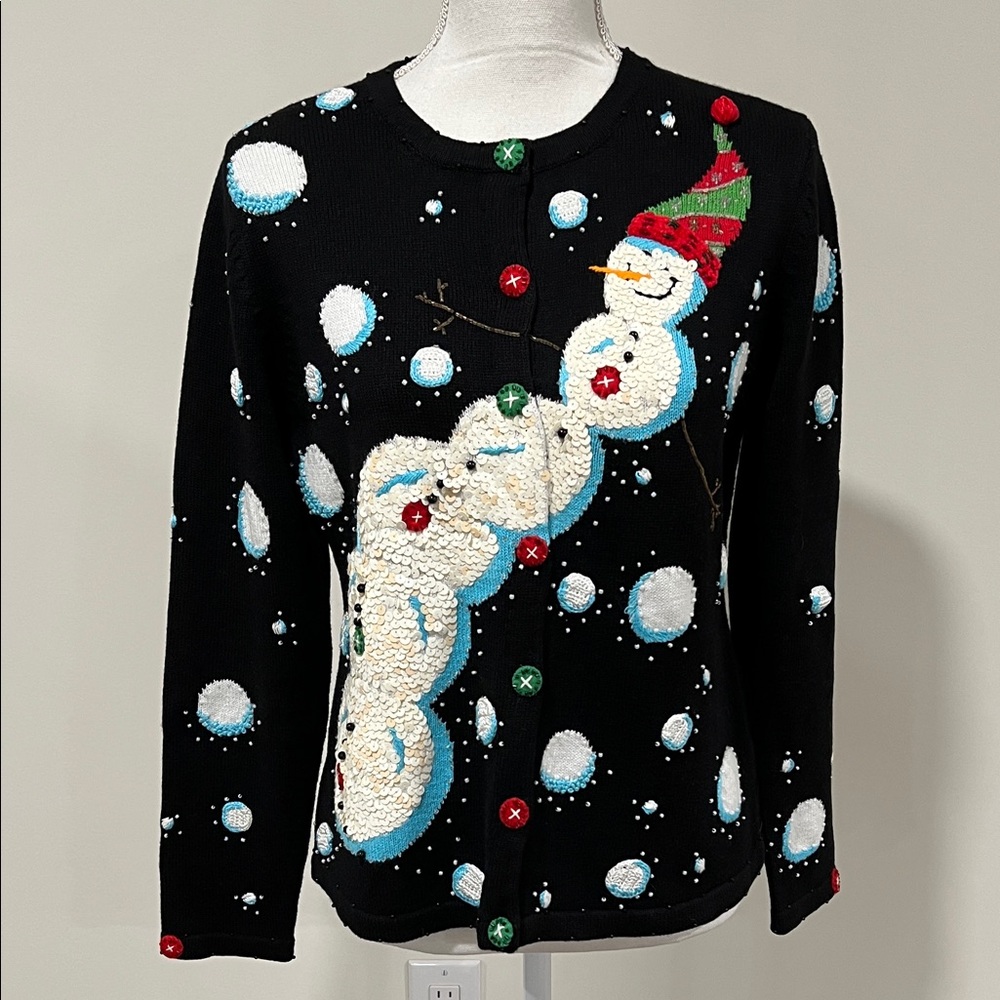 Vintage Berek Sequined Snowman Festive Cardigan Sweater Size Small